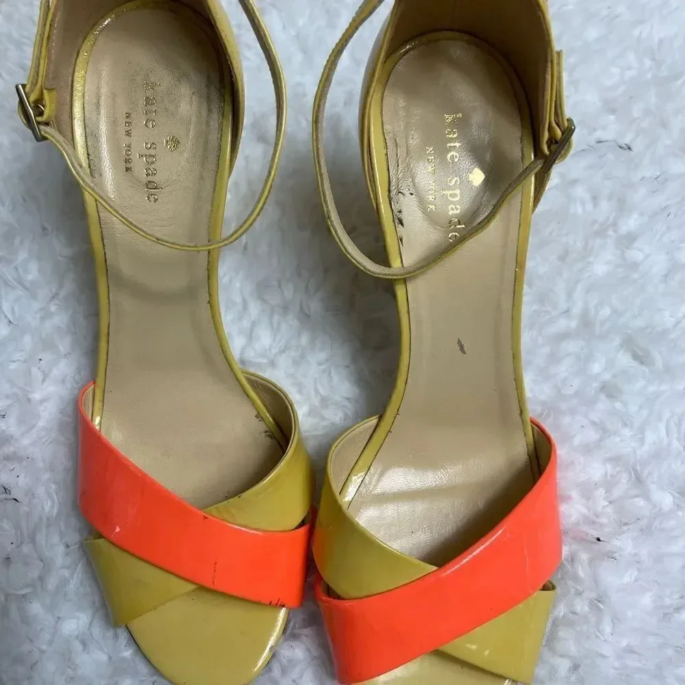 Kate Spade patent leather mustard yellow and coral ankle strap sandals size 9.5